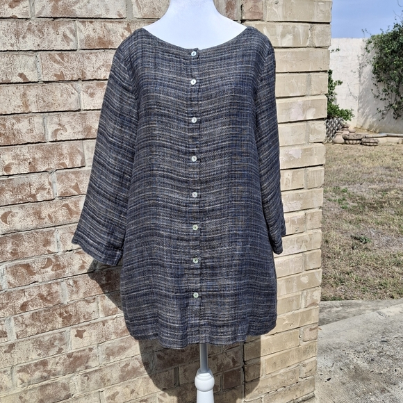Eileen Fisher Coastline Organic Linen Button-Up Grey Tunic Top Women Size Medium - Picture 4 of 16